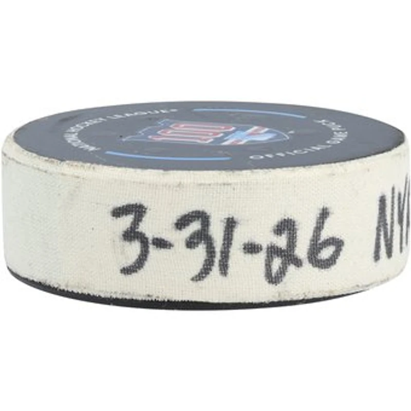Jaroslav Chmelař New York Rangers Game-Used Goal Puck from March 31, 2026 vs. New Jersey Devils