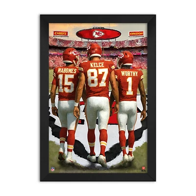 Kansas City Chiefs Xavier Worthy, Travis Kelce & Patrick Mahomes 27" x 39" Three-Player Framed Print