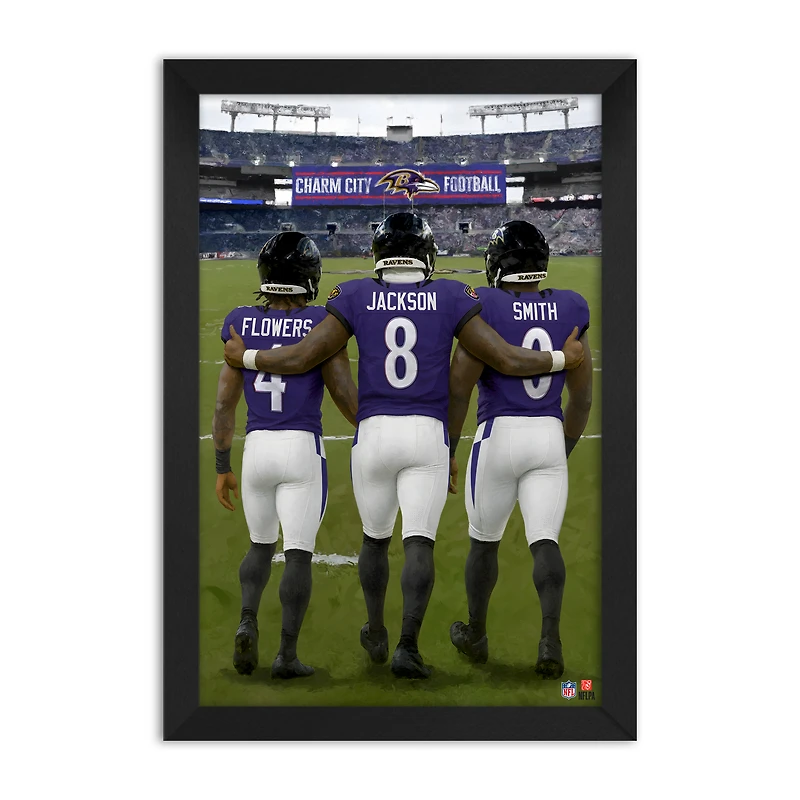 Baltimore Ravens Zay Flowers, Lamar Jackson & Roquan Smith 14" x 20" Three-Player Framed Print