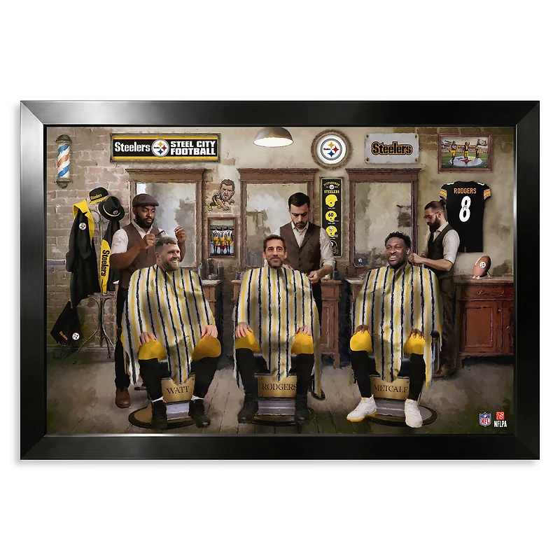 Pittsburgh Steelers T.J. Watt, Aaron Rodgers & DK Metcalf 27" x 39" Barbershop Framed Print