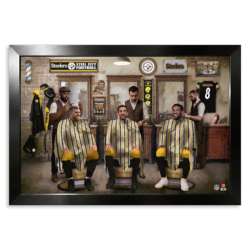 Pittsburgh Steelers T.J. Watt, Aaron Rodgers & DK Metcalf 14" x 20" Barbershop Framed Print