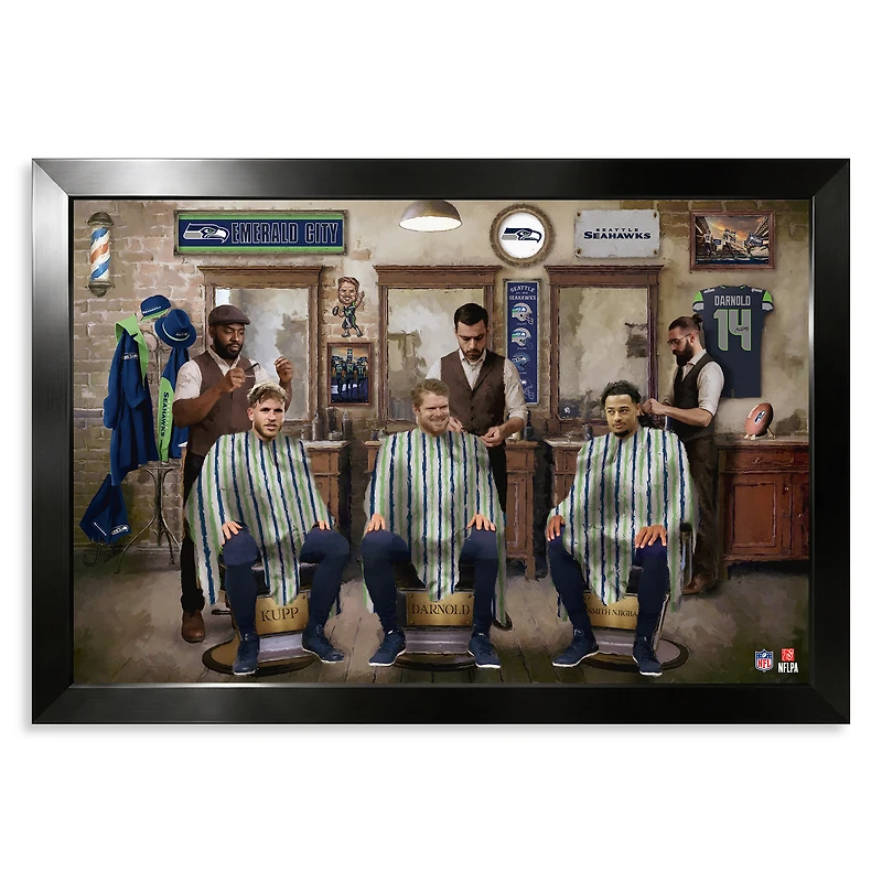 Seattle Seahawks Cooper Kupp, Sam Darnold & Jaxon Smith-Njigba 14" x 20" Barbershop Framed Print