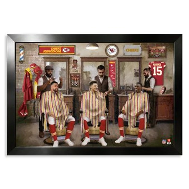 Kansas City Chiefs Travis Kelce, Patrick Mahomes & Xavier Worthy 14" x 20" Barbershop Framed Print