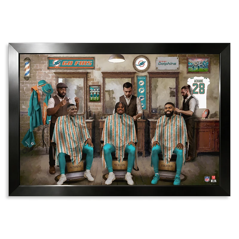 Miami Dolphins Malik Willis, Jordyn Brooks & De’Von Achane 14" x 20" Barbershop Framed Print