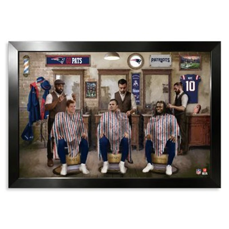 New England Patriots Drake Maye, Hunter Henry & Rhamondre Stevenson 14" x 20" Barbershop Framed Print