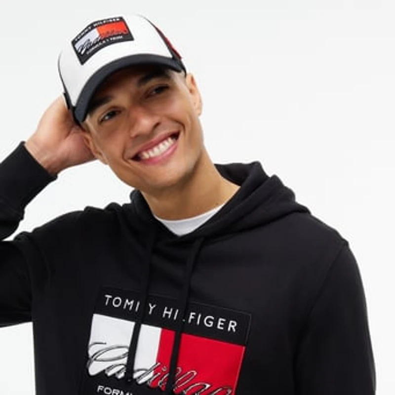 Unisex Tommy Hilfiger  White Cadillac F1 Team Flag Trucker Adjustable Hat