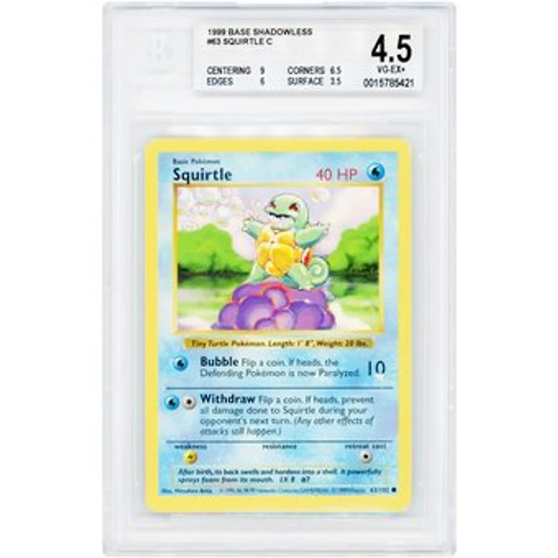 Squirtle 1999 Pokemon Base Set Shadowless #63 BGS Authenticated 4.5 Card