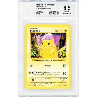 Pikachu 1999 Pokemon Base Set Shadowless Red Cheeks #58 BGS Authenticated 8.5 Card