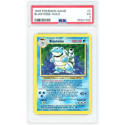 Blastoise 1999 Pokemon Base Set Unlimited Holo Rare #2 PSA Authenticated 3 Card