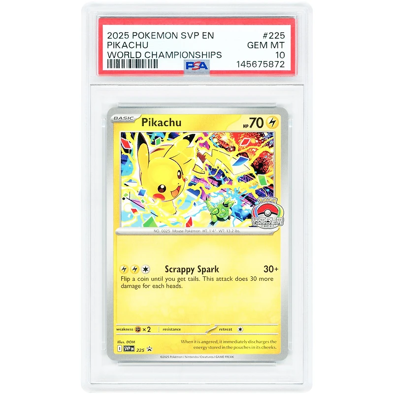 Pikachu 2025 Pokemon Scarlet & Violet World Championship Promo #225 PSA Authenticated 10 Card