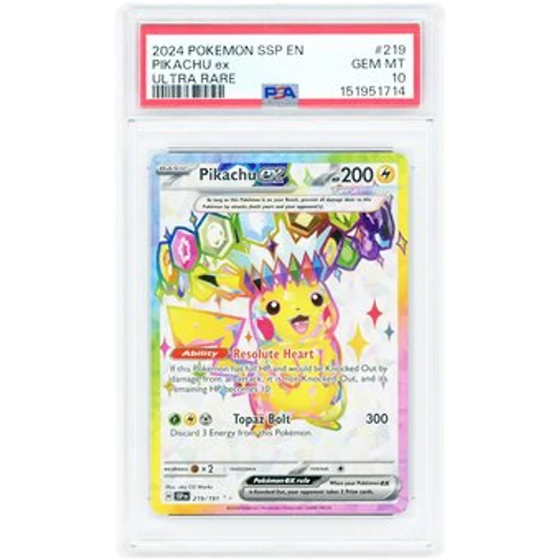 Pikachu ex 2024 Pokemon Surging Sparks Ultra Rare #219 PSA Authenticated 10 Card