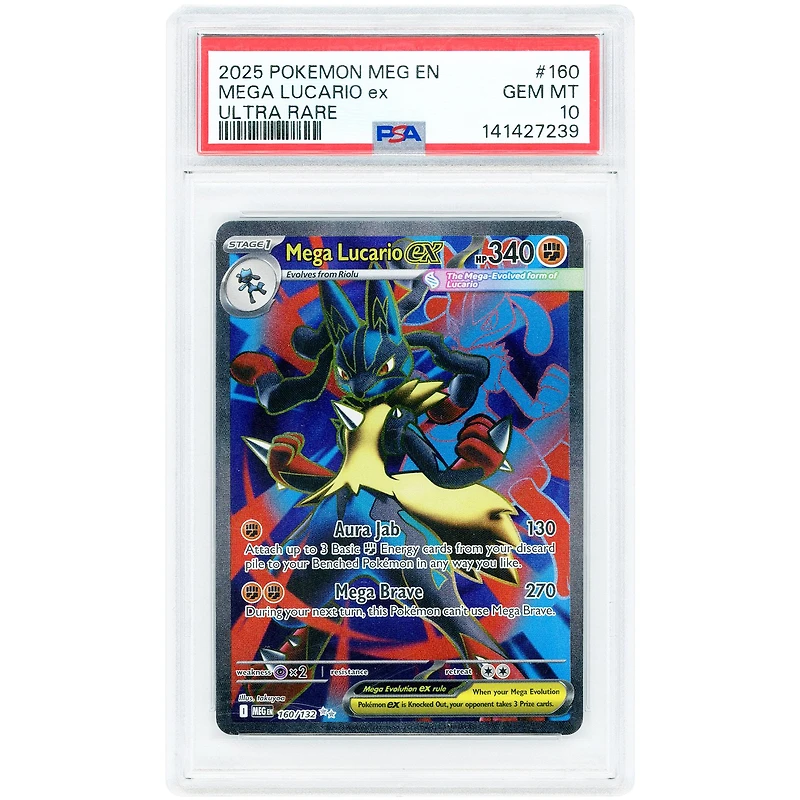 Mega Lucario ex 2025 Pokemon Mega Evolution Ultra Rare #160 PSA Authenticated 10 Card