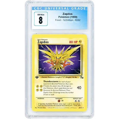 Zapdos 1999 Pokemon Fossil 1st Edition #30 CGC Authenticated 8 Card