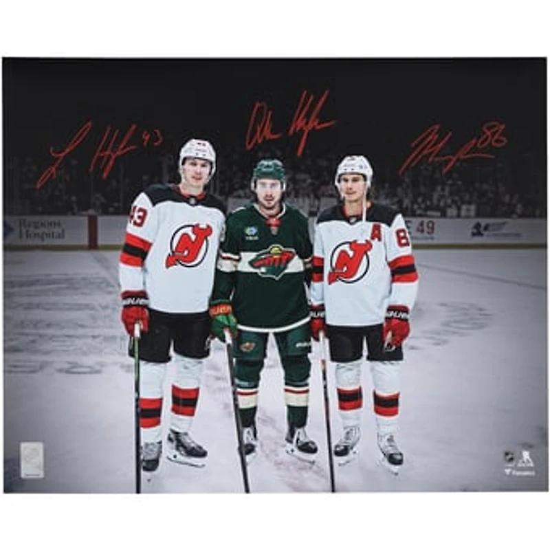 Quinn Hughes, Luke Hughes & Jack Hughes Autographed 16" x 20" Wild vs. Devils Pregame Photograph