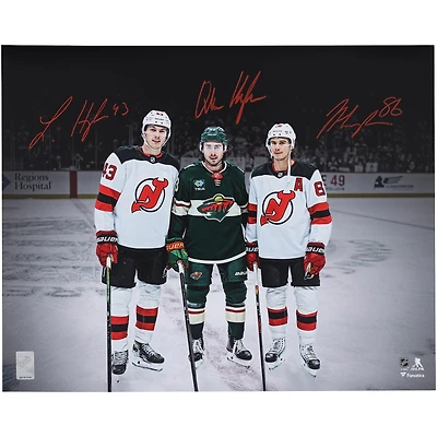 Quinn Hughes, Luke Hughes & Jack Hughes Autographed 16" x 20" Wild vs. Devils Pregame Photograph
