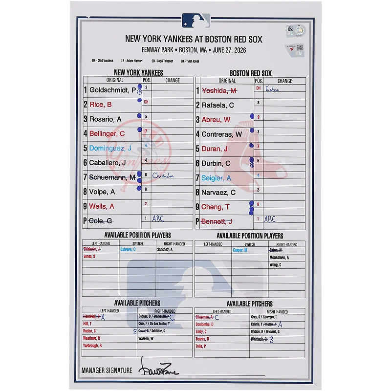 New York Yankees Game-Used Lineup Card vs. Boston Red Sox on June 27, 2026
