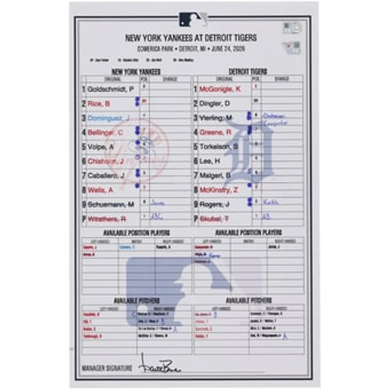 New York Yankees Game-Used Lineup Card vs. Detroit Tigers on June 24, 2026