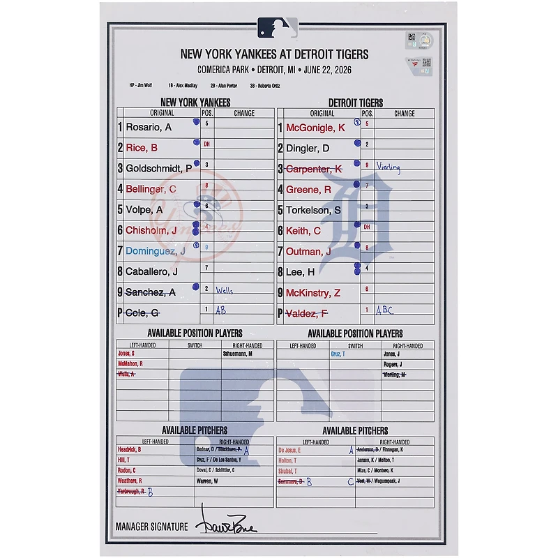 New York Yankees Game-Used Lineup Card vs. Detroit Tigers on June 22, 2026