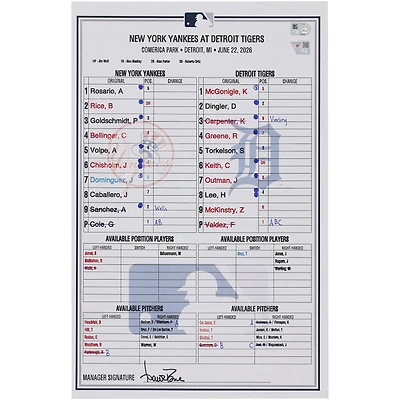 New York Yankees Game-Used Lineup Card vs. Detroit Tigers on June 22, 2026