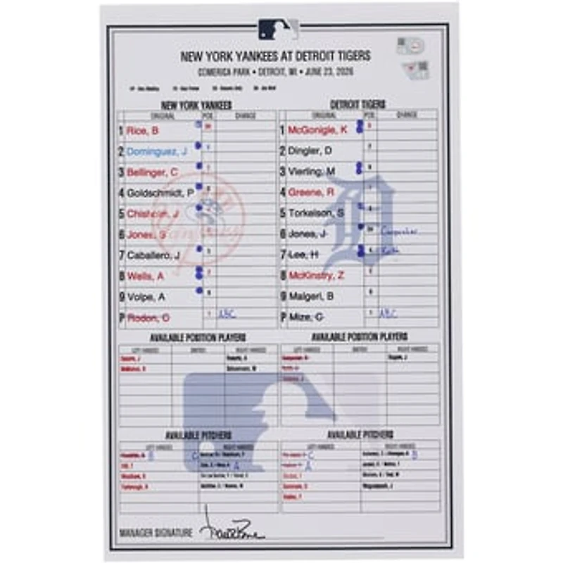 New York Yankees Game-Used Lineup Card vs. Detroit Tigers on June 23, 2026