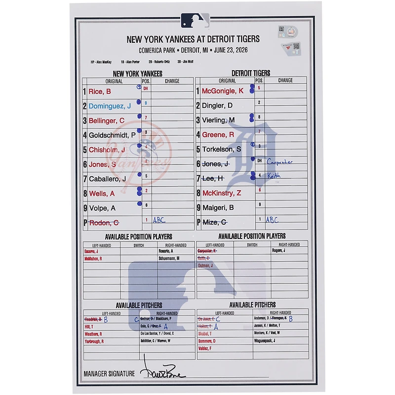 New York Yankees Game-Used Lineup Card vs. Detroit Tigers on June 23, 2026