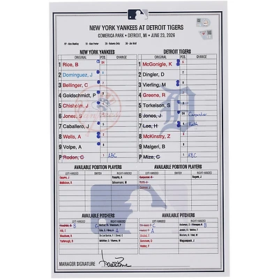 New York Yankees Game-Used Lineup Card vs. Detroit Tigers on June 23, 2026