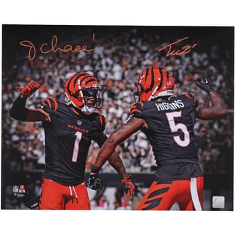 Ja'Marr Chase & Tee Higgins Cincinnati Bengals Autographed 16" x 20" Celebration Spotlight Photograph