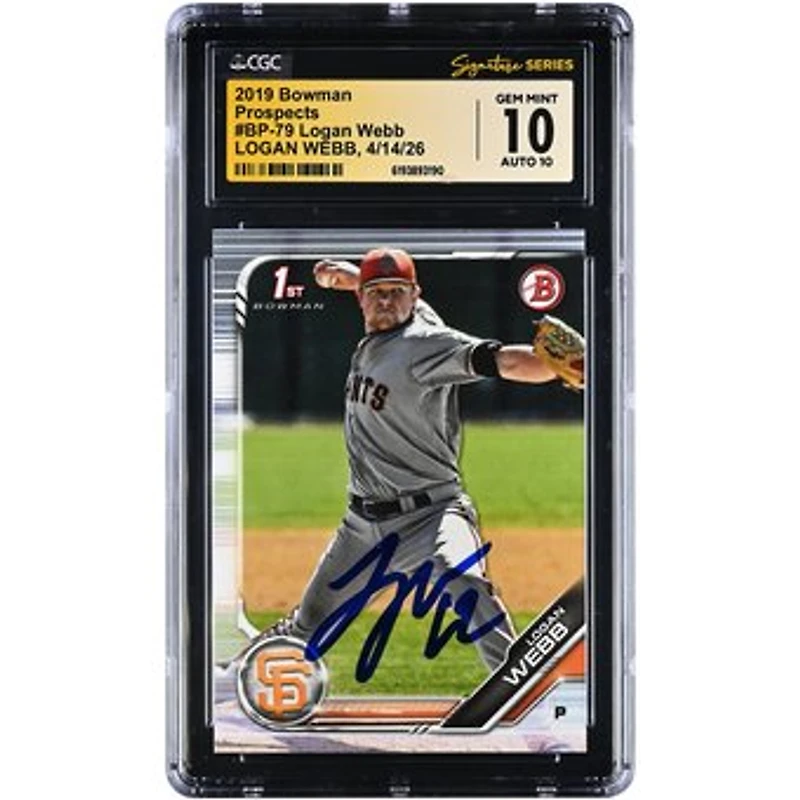 Logan Webb San Francisco Giants Autographed 2019 Bowman Prospects #BP-79 CGC Fanatics Witnessed Authenticated 10/10 Card