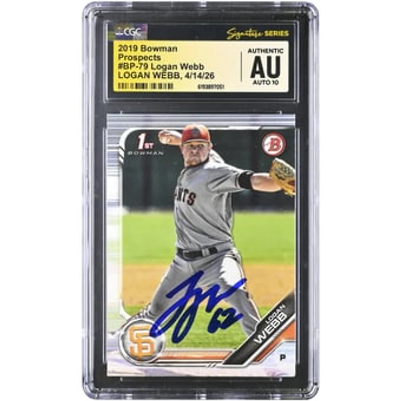 Logan Webb San Francisco Giants Autographed 2019 Bowman Prospects #BP-79 CGC Fanatics Witnessed Authenticated AUTO 10 Card