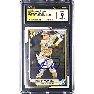 Jackson Merrill San Diego Padres Autographed 2024 Bowman Chrome #27 CGC Fanatics Witnessed Authenticated /10 Rookie Card