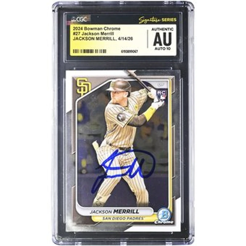 Jackson Merrill San Diego Padres Autographed 2024 Bowman Chrome #27 CGC Fanatics Witnessed Authenticated AUTO 10 Rookie Card