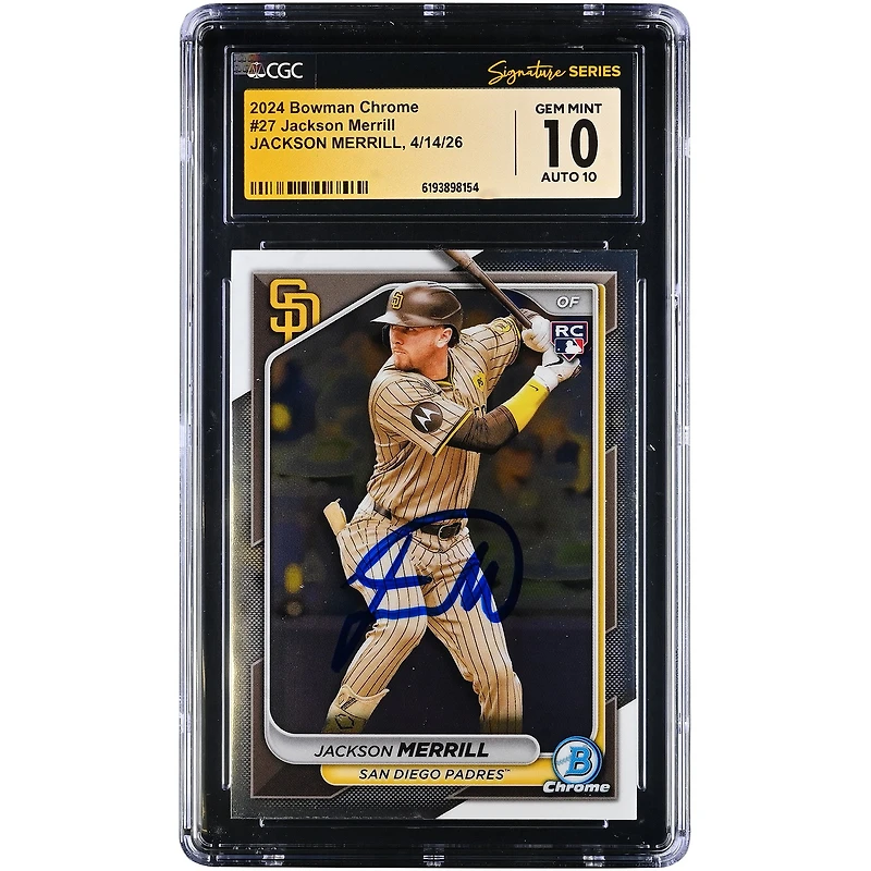 Jackson Merrill San Diego Padres Autographed 2024 Bowman Chrome #27 CGC Fanatics Witnessed Authenticated 10/10 Rookie Card