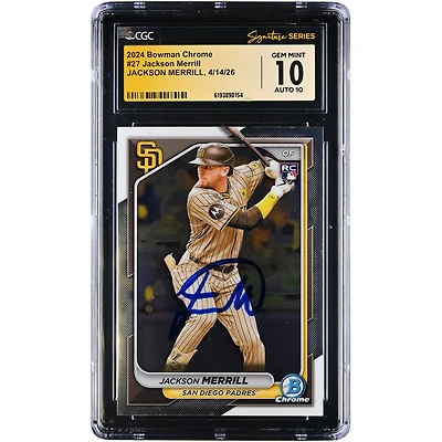 Jackson Merrill San Diego Padres Autographed 2024 Bowman Chrome #27 CGC Fanatics Witnessed Authenticated 10/10 Rookie Card