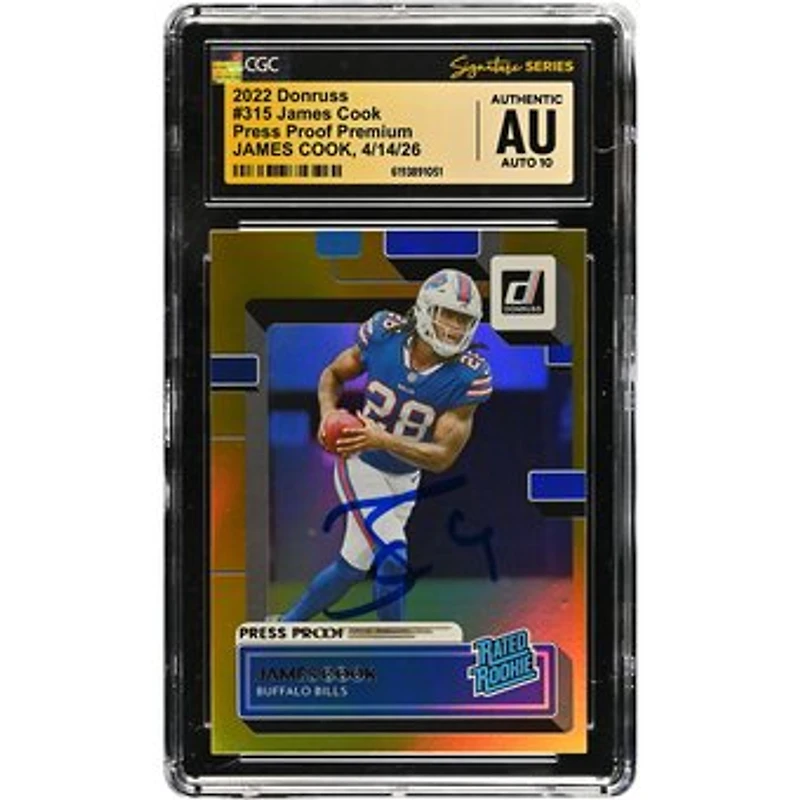 James Cook Buffalo Bills Autographed 2022 Donruss Press Proof Premium #315 CGC Fanatics Witnessed Authenticated AUTO 10 Rookie Card