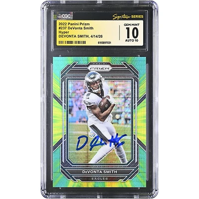 DeVonta Smith Philadelphia Eagles Autographed 2022 Panini Prizm Hyper #237 #/175 CGC Fanatics Witnessed Authenticated 10/10 Card