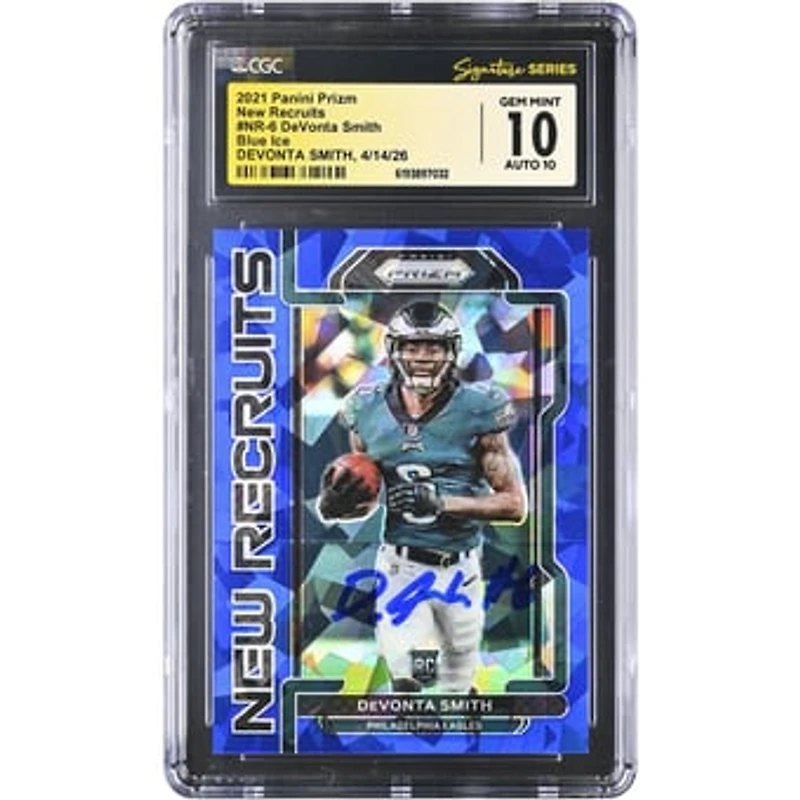 DeVonta Smith Philadelphia Eagles Autographed 2021 Panini Prizm New Recruits Blue Ice #NR-6 #/99 CGC Fanatics Witnessed Authenticated 10/10 Rookie Card