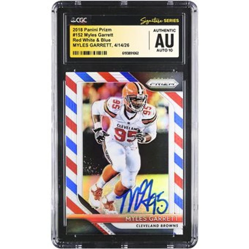 Myles Garrett Cleveland Browns Autographed 2018 Panini Prizm Red White & Blue #152 CGC Fanatics Witnessed Authenticated AUTO 10 Card