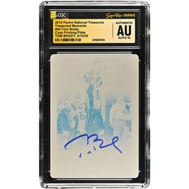 Tom Brady New England Patriots Autographed 2019 Panini National Treasures Cyan Printing Plate #44 #1/1 CGC Fanatics Witnessed Authenticated AUTO 10 Card