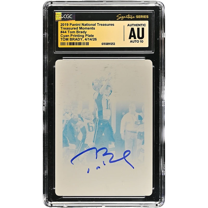 Tom Brady New England Patriots Autographed 2019 Panini National Treasures Cyan Printing Plate #44 #1/1 CGC Fanatics Witnessed Authenticated AUTO 10 Card