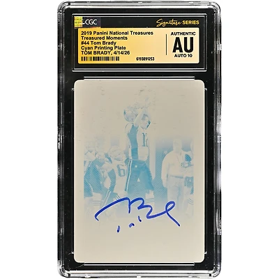 Tom Brady New England Patriots Autographed 2019 Panini National Treasures Cyan Printing Plate #44 #1/1 CGC Fanatics Witnessed Authenticated AUTO 10 Card