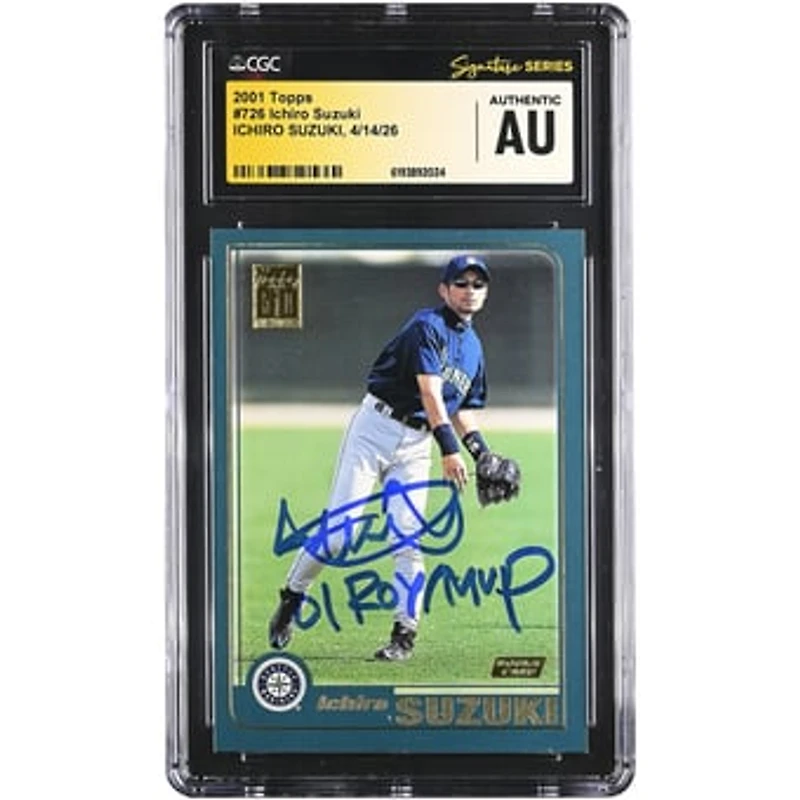 Ichiro Suzuki Seattle Mariners Autographed 2001 Topps #726 CGC Fanatics Witnessed Authenticated Rookie Card with "01 ROY/MVP" Inscription