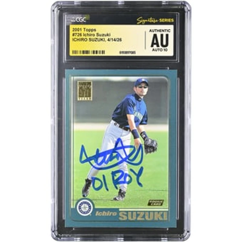 Ichiro Suzuki Seattle Mariners Autographed 2001 Topps #726 CGC Fanatics Witnessed Authenticated AUTO 10 Rookie Card with "01 ROY" Inscription