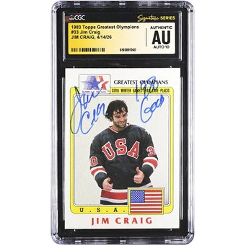 Jim Craig US Hockey Autographed 1983 Topps Greatest Olympians #33 CGC Fanatics Witnessed Authenticated AUTO 10 Card with "1980 Gold" Inscription