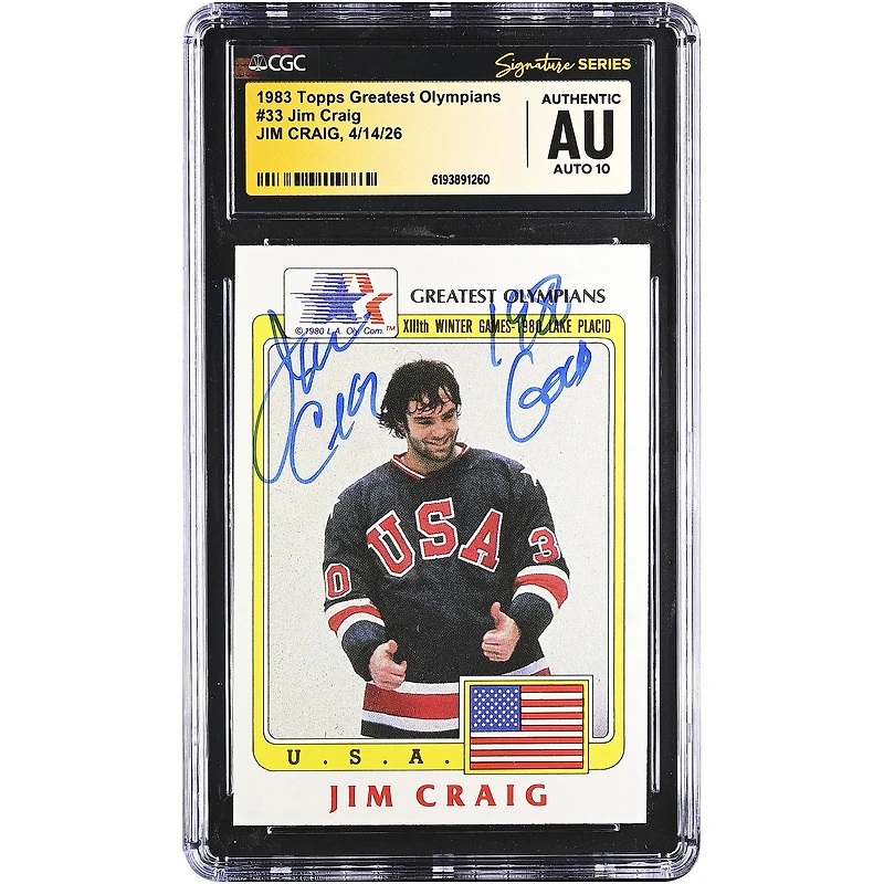 Jim Craig US Hockey Autographed 1983 Topps Greatest Olympians #33 CGC Fanatics Witnessed Authenticated AUTO 10 Card with "1980 Gold" Inscription