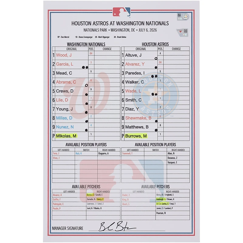 Washington Nationals Game-Used Lineup Card vs. Houston Astros on July 6, 2026