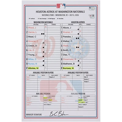 Washington Nationals Game-Used Lineup Card vs. Houston Astros on July 6, 2026