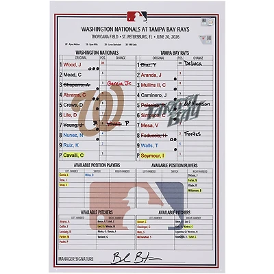 Washington Nationals Game-Used Lineup Card vs. Tampa Bay Rays on June 20, 2026