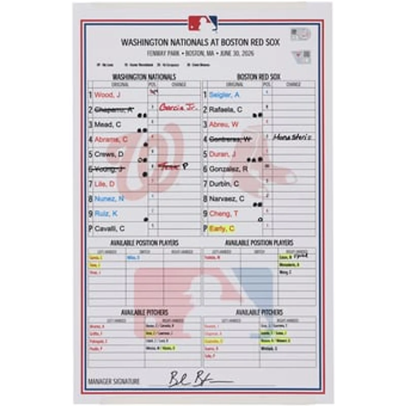 Washington Nationals Game-Used Lineup Card vs. Boston Red Sox on June 30, 2026
