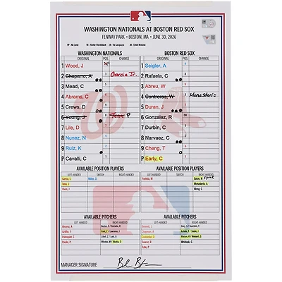 Washington Nationals Game-Used Lineup Card vs. Boston Red Sox on June 30, 2026