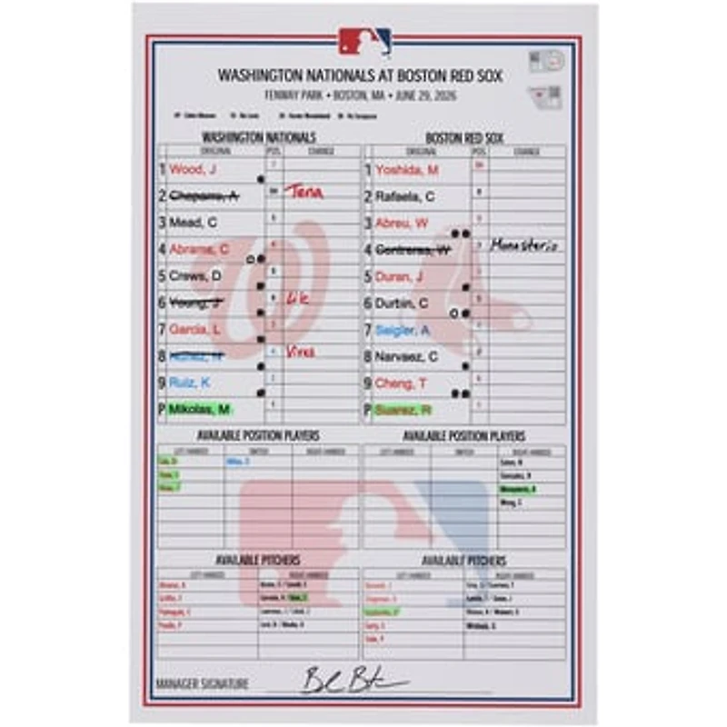 Washington Nationals Game-Used Lineup Card vs. Boston Red Sox on June 29, 2026